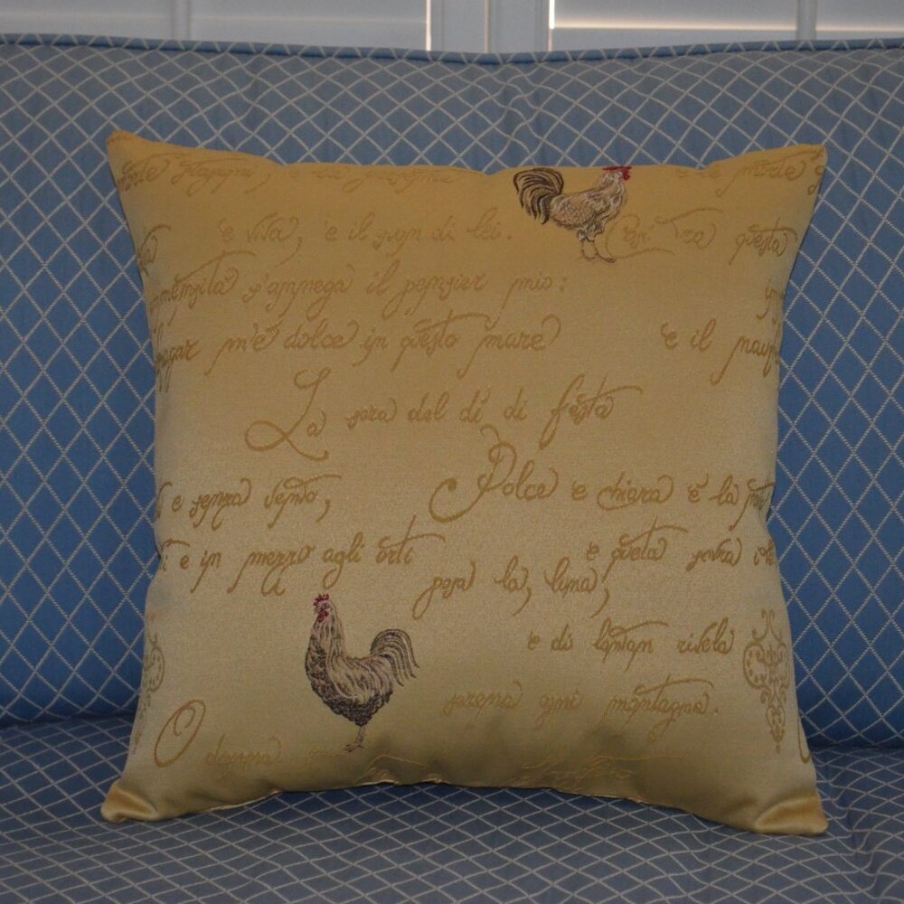 French Country Pillow, Le Coq French Script, Mill Creek Fabric, Handcrafted